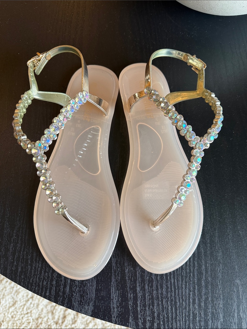 Gold T-Strap Jelly Sandals with Iridescent Rhinestones - Women's